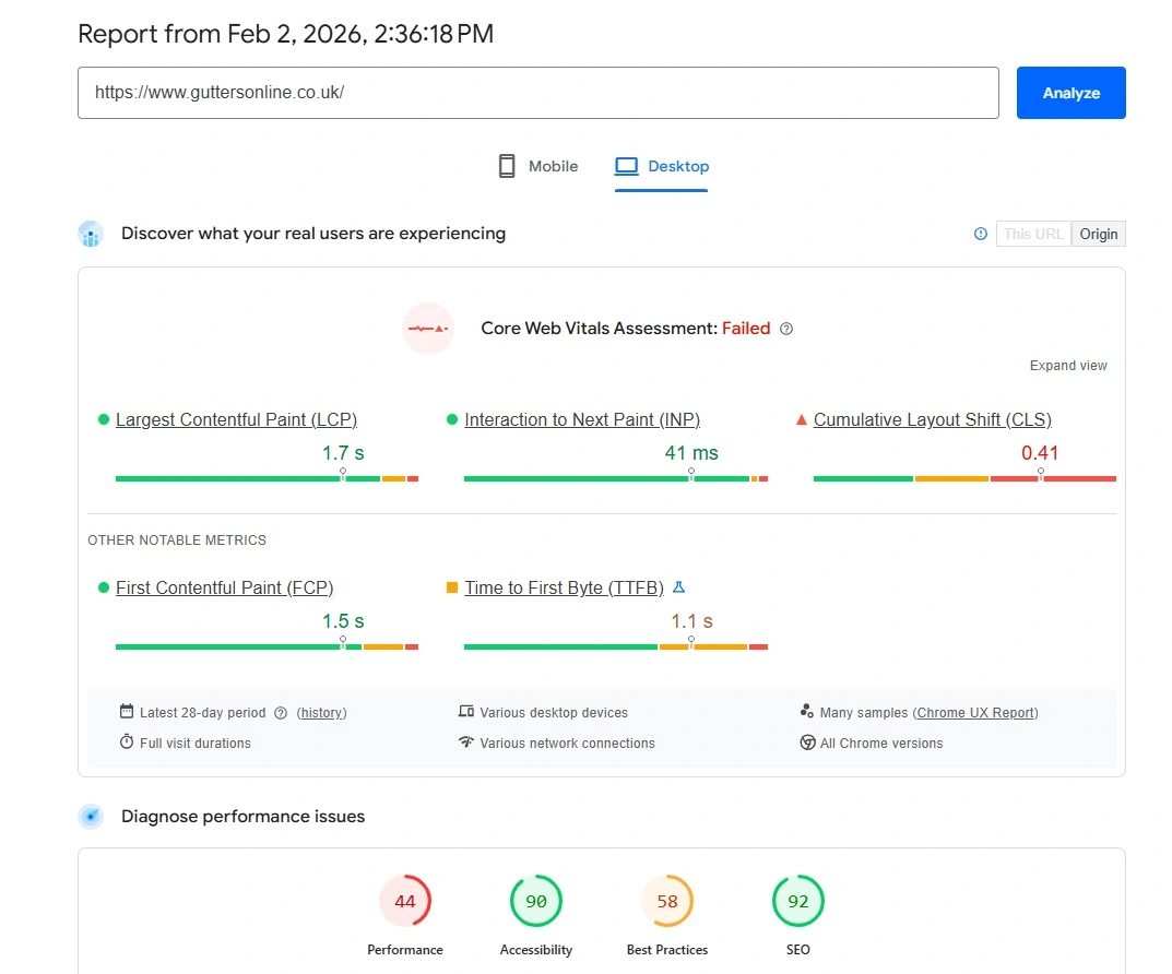 Gutters Online - Existing Page Speed Insights - Before1 wesbite  Image Before
